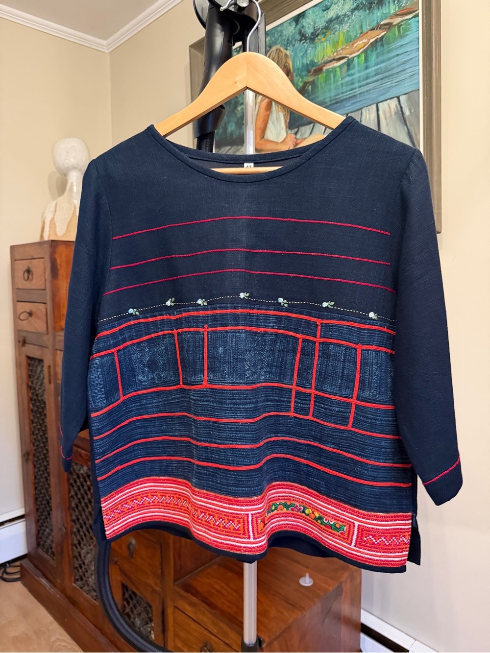 New Women's Navy Embroidered Stripe Top -Handmade in Thailand